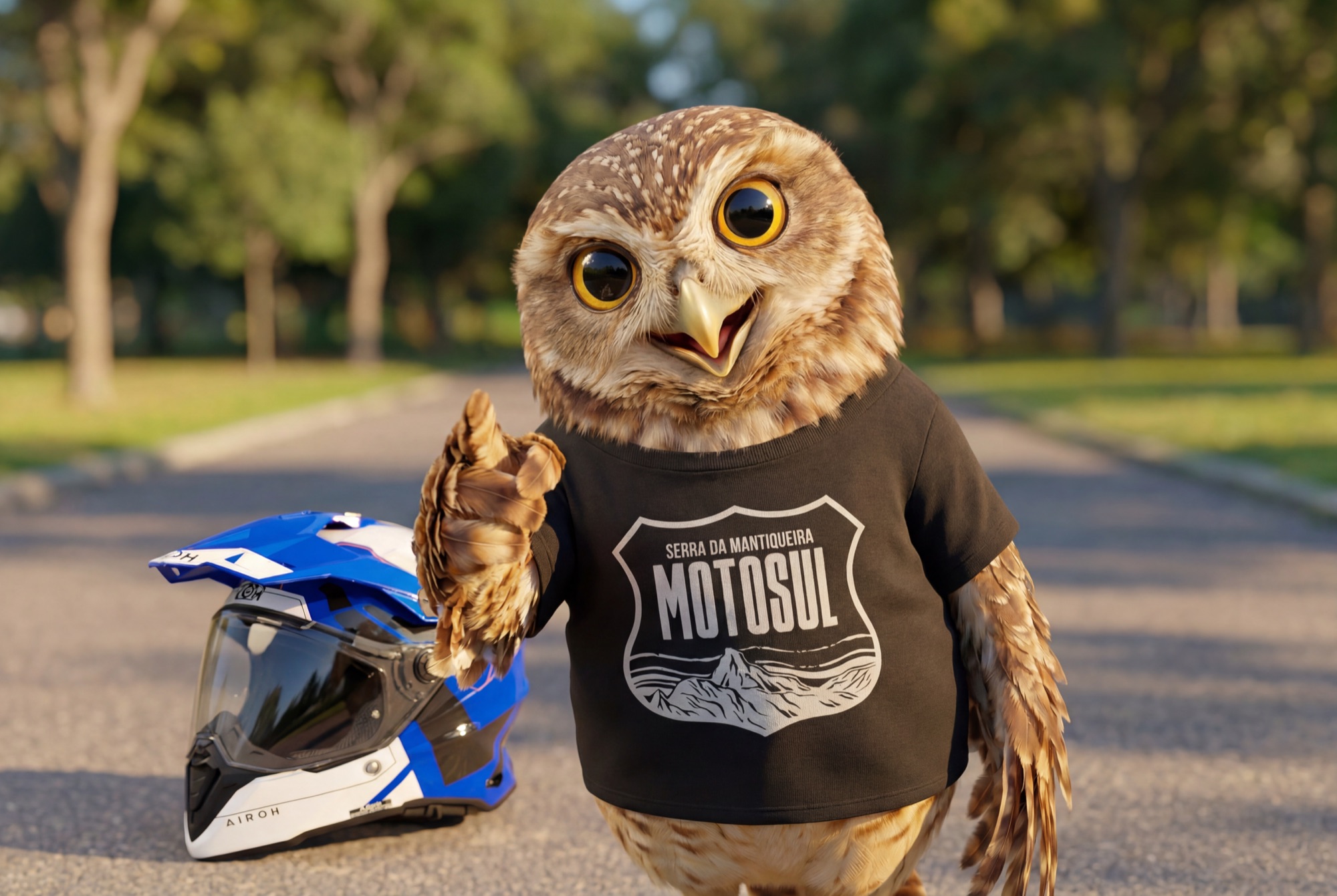 A coruja do Motosul, de camiseta do festival, ao lado de um capacete na estrada do parque