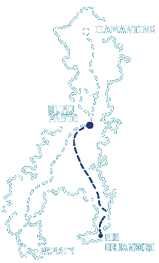 Mapa esquemático do Caminho Novo, fornecido como referência visual