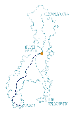 Mapa esquemático do Caminho Velho, fornecido como referência visual