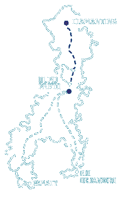 Mapa esquemático da Estrada Real, destacando Diamantina e Ouro Preto; Rio e Paraty pertencem a outros caminhos.